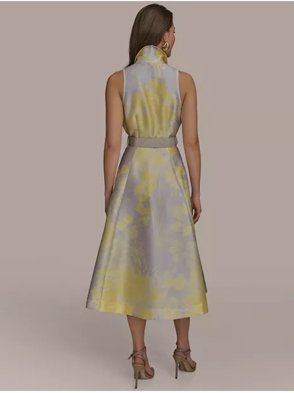 Donna Karan Yellow and Silver Floral Sleeveless Midi Dress - Picture 7 of 8